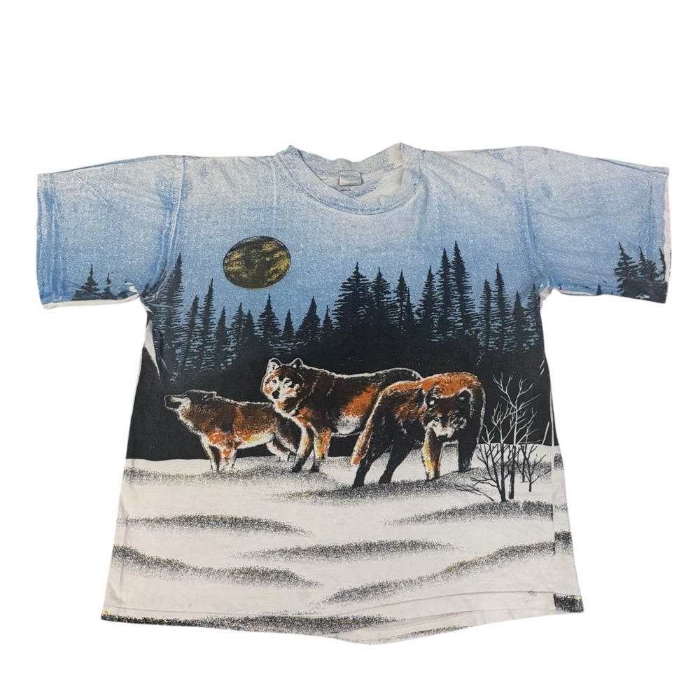 VTG Wolf Winter Forest AOP Short Sleeve Shirt Men’s Large Nature Single Stitch